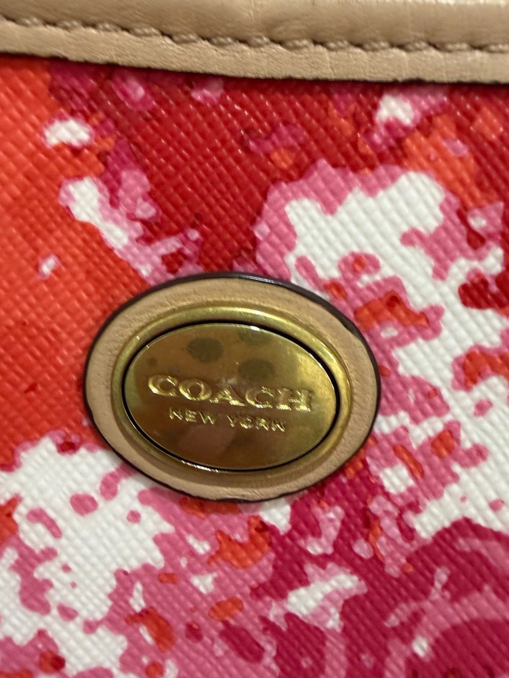 Coach Floral Tote in Orange, Pink & Cream with Tan Leather Trim - Picture 2 of 7